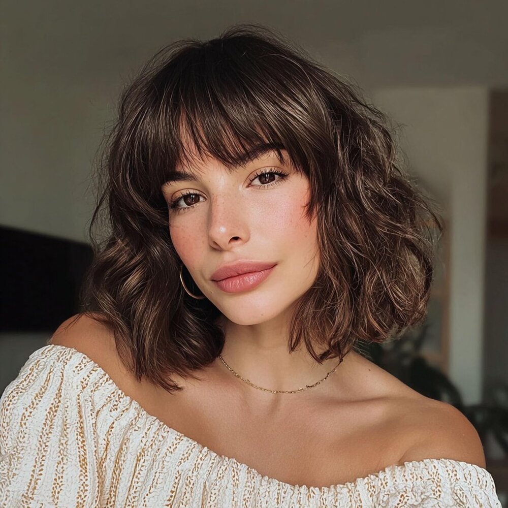 Adorable Medium Length‎ Women's Wig with Bangs Dark Brown with Highlights